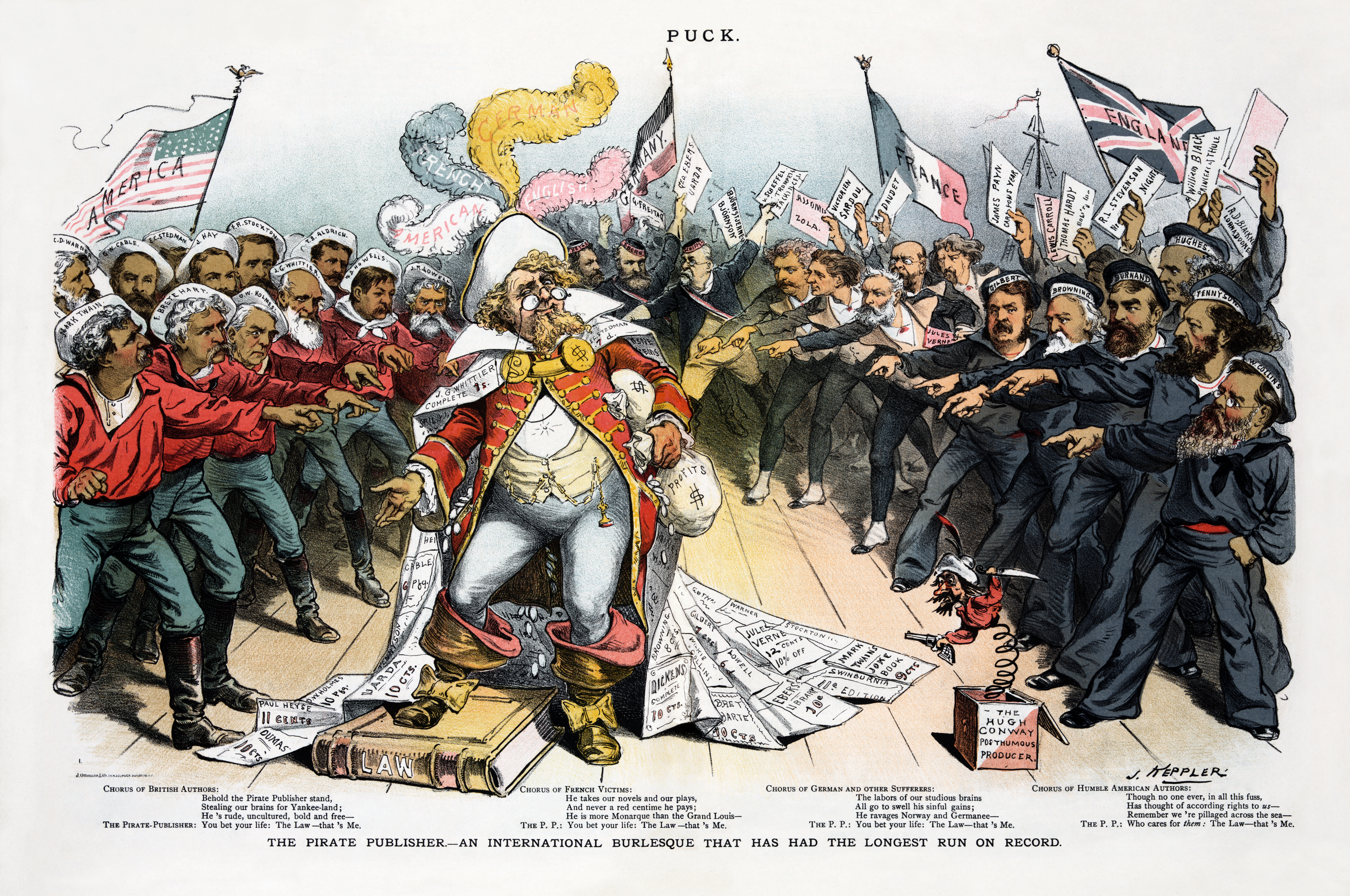 A satirical cartoon depicting a 'Pirate Publisher' in a military-style outfit, surrounded by representatives from various countries. They are pointing fingers, symbolizing accusations and criticism of copyright violations. The cartoon emphasizes the tension between creators and publishers in the context of copyright law.